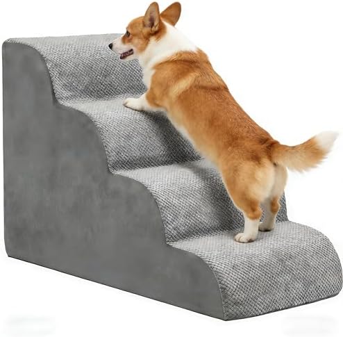 Simple Deluxe Dog Stairs for Small Dogs, 4-Step Curved Dog Step for Puppy, Older Cat, Medium Pet Ramp for Sofa, Couch or Chair, Indoor Non-Slip Pet Ladder with High Density Foam, Gray by SimpleDeluxe