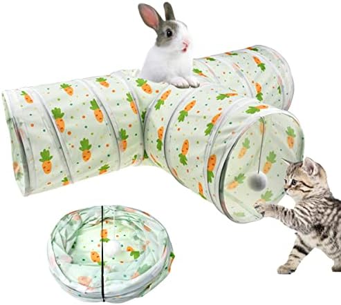 Bunny Rabbit Tunnels Rabbit Cat 3 Way Collapsible Tunnel with Cute Carrot Patterns Small Pet Hideout Activity Tunnel Tube Toy for Bunny Kitten Cat Dwarf Guinea Pig T Shape by Vehomy