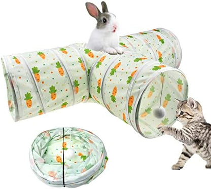 Bunny Rabbit Tunnels Rabbit Cat 3 Way Collapsible Tunnel with Cute Carrot Patterns Small Pet Hideout Activity Tunnel Tube Toy for Bunny Kitten Cat Dwarf Guinea Pig T Shape by Vehomy