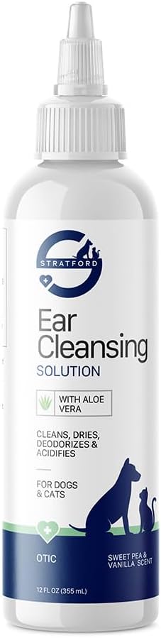 Stratford Pharmaceuticals Ear Cleaner & Drying Solution for Dogs & Cats w/Aloe Vera to Wash Debris, Wax, Odor & Irritation Relief, Sweat Pea Vanilla Scent, 12 oz