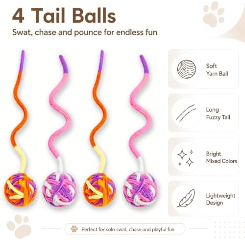 Cat Toys for Indoor Cats, 4 Yarn Balls with Tails & 12 Colorful Springs - Image 4