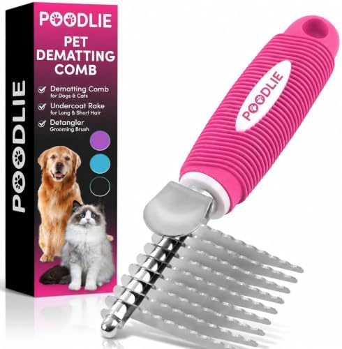 Poodle Dematting Fur Rake Comb Brush for Dogs and Cats - Long 2.5" Steel Safety Blades Metal Comb for Detangling Matted or Knotted Undercoat Hair by Poodlie