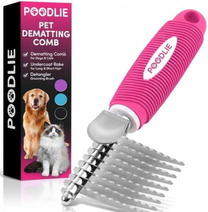 Poodle Dematting Fur Rake Comb Brush for Dogs and Cats - Long 2.5" Steel Safety Blades Metal Comb for Detangling Matted or Knotted Undercoat Hair by Poodlie