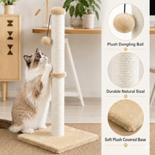 Dimaka 29" Height Tall Cat Scratching Post, Claw Scratcher with Sisal Rope and Covered with Soft Smooth Plush, Vertical Scratch [Full Strectch] for Standard Size Cats (Light Brown, 29 inches) - Image 4