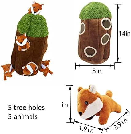 Fox in Tree Hide and Seek Dog Toy for Small and Medium Size Dogs, Plush Fox Inside Trunk Dog Toy with Squeaker, Interactive Burrow Dog Toy (Tree with Fox, Large)