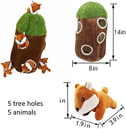 Fox in Tree Hide and Seek Dog Toy for Small and Medium Size Dogs, Plush Fox Inside Trunk Dog Toy with Squeaker, Interactive Burrow Dog Toy (Tree with Fox, Large)