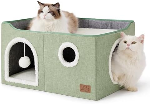 Bedsure Extra Wide Cat House Bed with Fluffy Ball and Scratch Pad,Green by BEDSURE