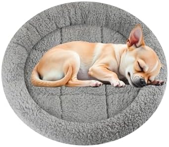 Enjoying Plush Cat Bed Mat, 15.75" Round, Self Warming Dog Bed with Pillow, Puppy Kitty Relying/Curling Sleep Cushion, Warm Bed for Small to Medium Dogs Cats Rabbits, Antiskid Bottom, Medium by Enjoying