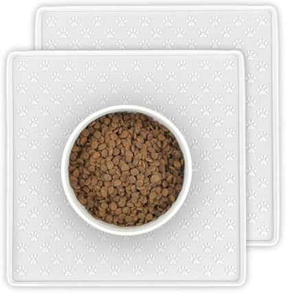 2 Pack Pet Placemat for Dog and Cat, Waterproof Silicone Pet Feeding Bowl Mats for Food and Water, Small Medium Large Dogs Mat Prevent Residues from Spilling to Floor, White, 11.8"x11.8" by PTLOM