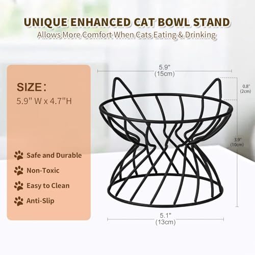 Metal Stand for Cat Dish - Raised Cat Bowl Holder with Anti Slip Sleeves - Black Iron - Elevated, Anti Vomiting, Backflow Prevention - 5.9 x 4.7 inches - Image 3
