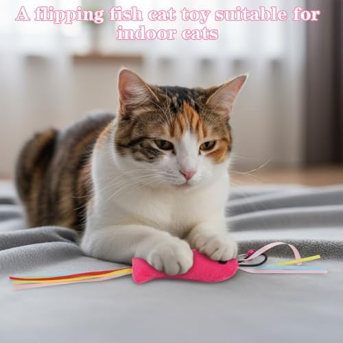 5 PCS Fish and Mice Catnip Toys Plush Filled, Cat Toys Pink Fish Catnip Toy for Cats Flopping Cats Fishs Toy Filled Soft Plush, Premium CatWandToy Accessories with Ribbons for Indoor CatKitten Play - Image 6