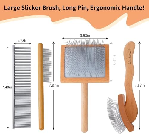 Slicker Brush for Long Haired Dogs, Wooden Ergonomic Handle - Image 3