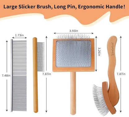 Slicker Brush for Long Haired Dogs, Wooden Ergonomic Handle - Image 3