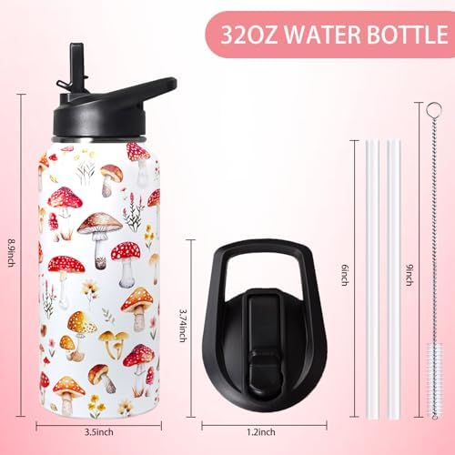 32oz Mushroom Stainless Insulated Aater Water Bottle with Straw,Mushroom Gym Hiking Sports Coffee Mug Cup Water Bottles,Mushroom Themed Gifts for Women,Mushroom Decor Stuff Accessories - Image 2