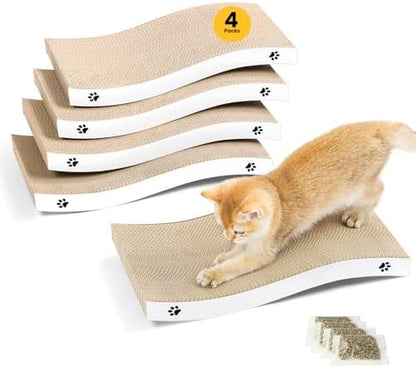 Cat Scratcher, Durable Scratch Pad, Corrugated Cardboard Scratching Board for Indoor Cats, Heavy Duty, Double-Sided Usability, Recyclable, with Catnip, Medium, 4 Pack by Conlun