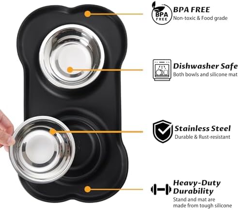 Hubulk Pet Dog Bowls 2 Stainless Steel Dog Bowl with No Spill Non-Skid Silicone Mat + Pet Food Scoop Water and Food Feeder Bowls for Feeding Small Medium Large Dogs Cats Puppies (M, Black) - Image 2