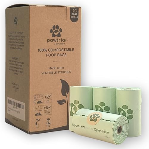 Pawtria Home Compostable Dog Poop Bag Rolls, 120 Bags, 8 Rolls by Pawtopia