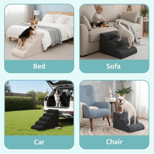 Oiilores Dog Stairs for Small Dogs 15" H, 3-Step Dog Steps Ramp for Couch Sofa and Chair with Anti-Slip Washable Cover and Durable High Density Foam, Pet Stairs for Cats, Black - Image 6