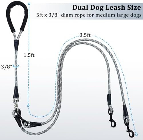 WYuZe 5FT Double Dog Leash Detachable Rope Dual Leash for Two Dogs Black - Image 5