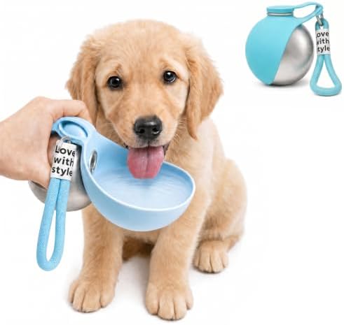 2 in 1 Portable Dog Water Bottle, 2026 New 10oz Spherical Stainless Steel Pet Bottle with Silicone Foldable Bowl,No-Spill Leak-Proof Design,Dog Water Bottle for Walking,Hiking & Travel & Camping-Blue by Unknown
