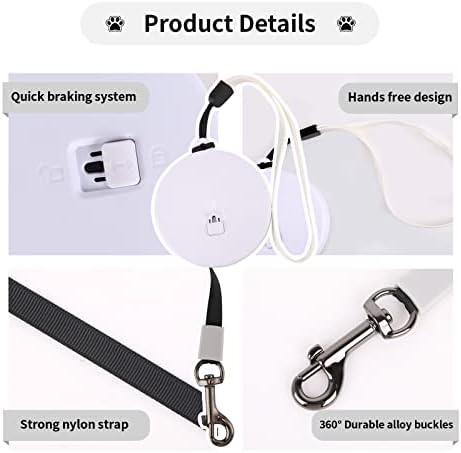 Retractable Dog Leash for Small and Medium Dogs up to 22lbs with 9.8ft Strong Nylon Tape, Hands Free, Portable and Lightweight Leash with Wrist Strap, One-Hand Brake, Tangle Free (White) - Image 2