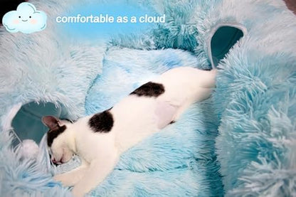 XxingSheep 4 Cave Shuttled XL Cat Tunnel Bed for Indoor Cats Peekaboo Toy Donut with Warm Mat, Azure Blue - Image 3