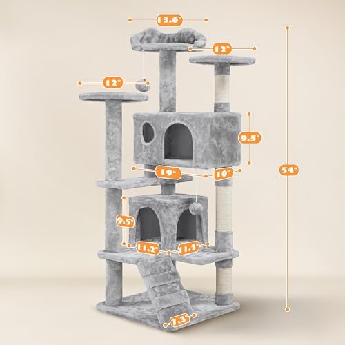 Yaheetech 54in Cat Tree Tower, 2 Caves, Kitten-Ear Perch & Scratching Posts - Image 3
