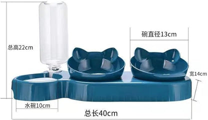 Triple Cat Bowls for Food and Water, Plastic Raised Cat Dishes, Automatic Water Bottle 3 in 1 Pet Bowls 2 Food Bowls and Water Feeder Set Wet Dry Food Bowl Set for Cats Puppy Small Dogs (Grey)