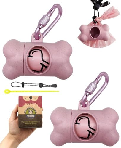 Dog Poop Pickup Bags Holder Dispenser with Standard-Sized Leak-Proof Scented Doggy Waste Bags and Carabiner with Safety Lock&Fastener Never Loose on Leash Lead Again (2 Holders 30 Bags, Pink) by YUCHIYA