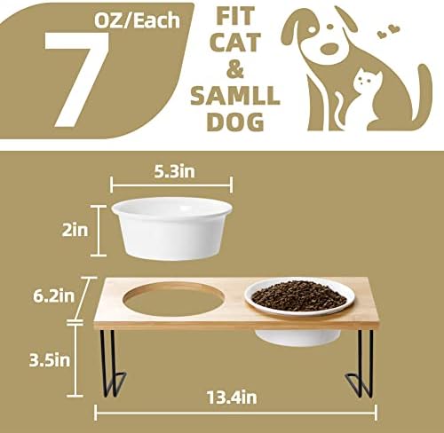 Sweejar Ceramic Elevated Cat Bowls, Small Dog Bowls, 15° Tilted Raised Pet Bowl with Solid Wooden Stand to Protect Spine, Water and Food Feeder for Cat and Dog, Pack of 2 (White) - Image 3