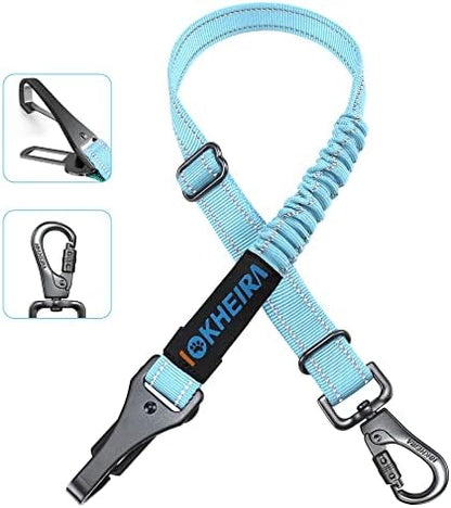 Dog Seat Belt 3-in-1 Car Harness for Dogs Adjustable Safety Seatbelt for Car Nylon Reflective Bungee Fabric Dog Car Harness with Clip Hook Latch & Buckle, Swivel Zinc Alloy Carabiner (Light Blue) by IOKHEIRA