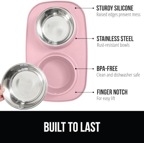 GORILLA GRIP Dog Bowl Set with Feeding Mat, 304 Stainless Steel, 2 Cup Pink - Image 2