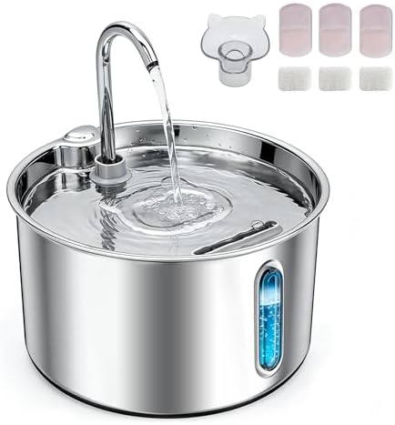 Stainless Steel Cat Water Fountain, 74oz/2.2L Automatic Pet Water Dispenser with 3 Filters & 2 Water Outlets, Quiet Indoor Drinking Fountain for Cats Small Dogs, Water Level Window by Unknown