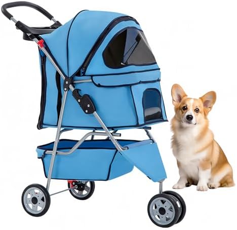 BestOffice Pet Stroller for Small Medium Dogs & Cats, 3-Wheel Foldable Dog Stroller with Cup Holder, Lightweight Travel Carrier, Waterproof Design for Outdoor Walks, Blue by BestOffice