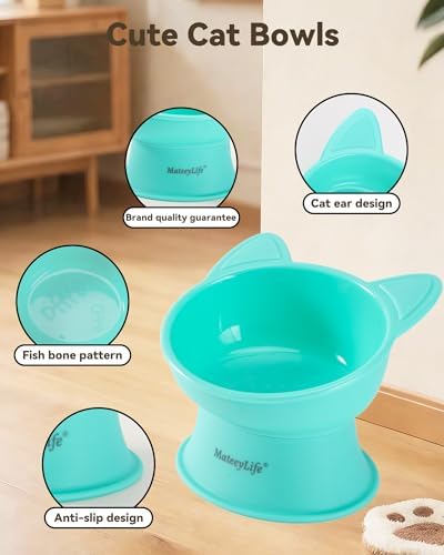 MateeyLife Raised Cat Bowls, Cat Food Bowl Elevated for Kittens & Small Dogs, 15°Tilted Protect Pets' Neck and Anti Vomiting, Whisker Friendly Food & Water Feeding Bowl, 6 oz Each - Green - Image 4