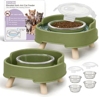 2 Pack Ant Not Cross Elevated Cat Bowls - 4 Food Grade Glass Bowls & 2 Lids - Cat Food and Water Feeding Bowl for Cats&Kittens&Puppy Indoor & Outdoor,Whisker Fatigue Dish,Avocado Green by Unknown