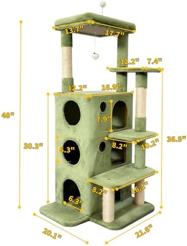 48" Cat Tree Tower for Indoor Cats, Multi-Level Cat House for Large Cats with 3 Cozy Cat Condos, Extra Large Top Perch, Sisal Scratching Posts & Climbing Steps, Green - Image 2