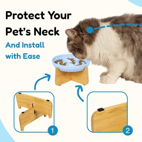 Elevated Slow Feeder Cat Bowl with Bamboo Stand, 6.3'' Ceramic Cat Food Bowl, Raised Whisker Friendly Cat Dish for Wet & Dry Food, Dishwasher Safe Anti-Slip Feeder for Cats & Small Dogs (Blue) - Image 4