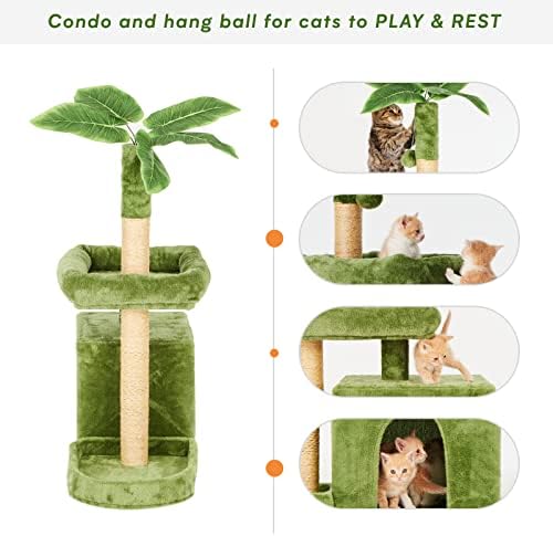 31.5inch Small Cat Tree Tower Condo for Indoor Cats, Soft Plush Multi-Level Climbing Tree Cat House with Cat Cave, Scratching Post, Sisal Rope, Green - Image 4