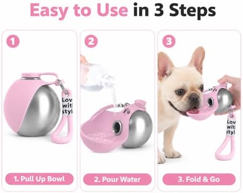 Portable Pet Dog Water Bottle with Silicone Collapsible Bowl, 10 oz Pink - Image 5