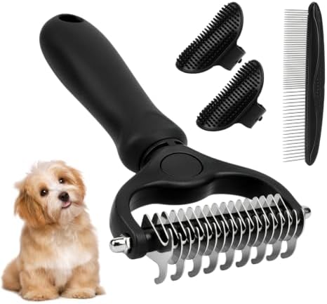 Double-Sided Pet Grooming Rake, 4-in-1 Professional Pet Grooming Kit, Deshedding and Dematting Tool for Dogs and Cats, Ideal for Long & Short Haired Pets (Black Kit 4PCS) by Unknown