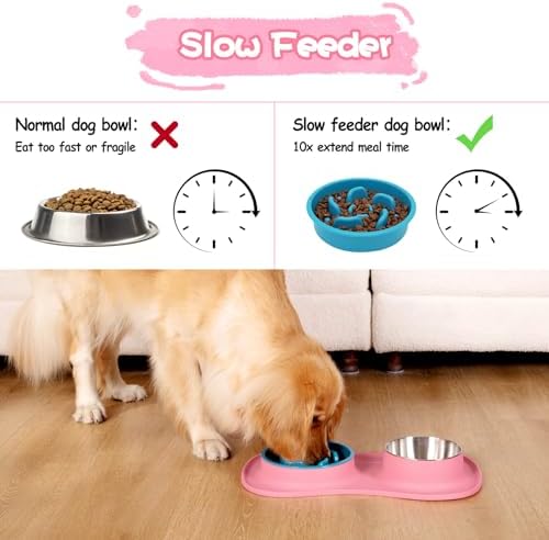 MateeyLife Dog Food and Water Bowl Set 3 in 1, Slow Feeder Dog Bowls & Stainless Steel Water Bowl with Non-Spill Silicone Mat, Cat and Puppy Bowls Pet Dishes for Small Medium Large Breed Anti-Choking - Image 2