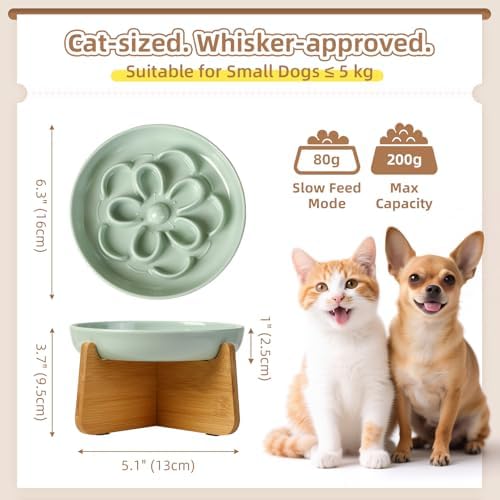 Elevated Slow Feeder Cat Bowl - Melamine Cat Dish with Anti-Slip Bamboo Stand - Whisker Friendly Feeding Bowl - Floral Maze Food Plate for Slow Eating - Green - Image 2