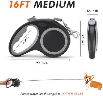 Retractable Dog Leash, 16 ft Dog Leash for Dogs up to 66 lbs, Strong Nylon Tape No Tangle, One-Handed Brake, Pause, Lock, Perfect for Medium Large Dogs; Black (Black, 16 FT (0-66 lbs)) - Image 3