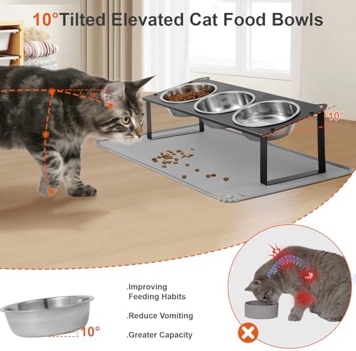 Elevated Cat Bowls with Food Mat, 10°Tilted Non-Slip Raised Cat Food Water Bowls Set, 3 Thick Stainless Steel Pets Dishes with Cute Metal Feeding Stand for Indoor Kitten Puppy, Anti-Vomiting - Image 2