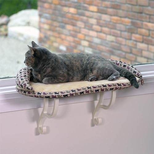 K&H Cat Window Perch, Deluxe Bolster Kitty Sill, 24x14in, Tan/Kitty Print - Image 2