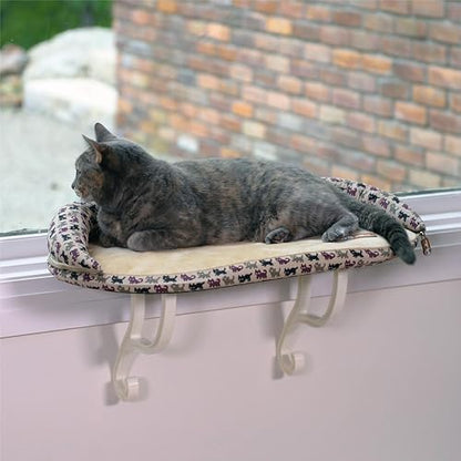 K&H Cat Window Perch, Deluxe Bolster Kitty Sill, 24x14in, Tan/Kitty Print - Image 2