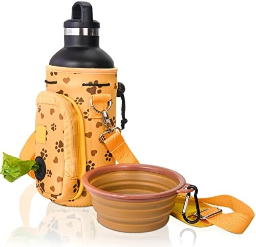 Made Easy Kit Water Bottle Carrier with Pocket for Dog Poop Waste Bags and Adjustable Padded Shoulder Strap (Large (32oz) with Bowl, Yellow, Paws & Hearts) by MadeEasyKit
