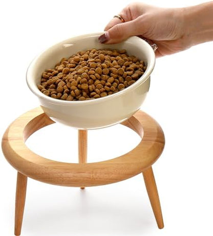 DEAYOU Ceramic Cat Bowl Adjustable, Tilted Elevated Raised Pet Dish, No Spill Pet Food Water Feeder, Slanted Dog Bowl with Wood Stand for Kitty, Pet Supplies, Stress Free, 600 ML/20 OZ, Cream White - Image 5