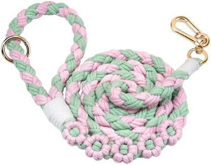 5FT Braided Cotton Rope Leash for Small, Medium and Large Dogs,Pink & Green Color by Panda+Jianghu